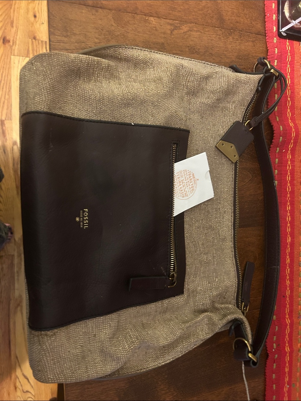 Fossil Brown Leather and Tan Canvas Messenger Bag